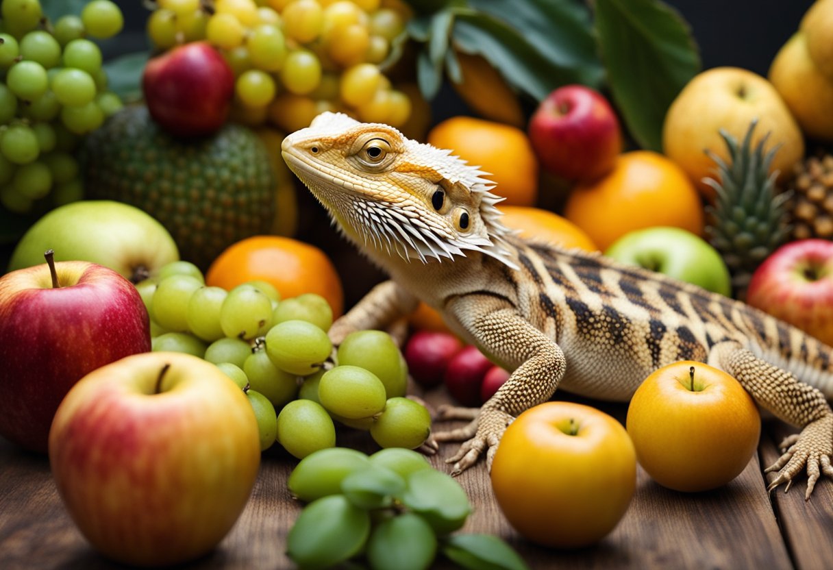 A bearded dragon surrounded by various fruits, including apples, with a curious expression