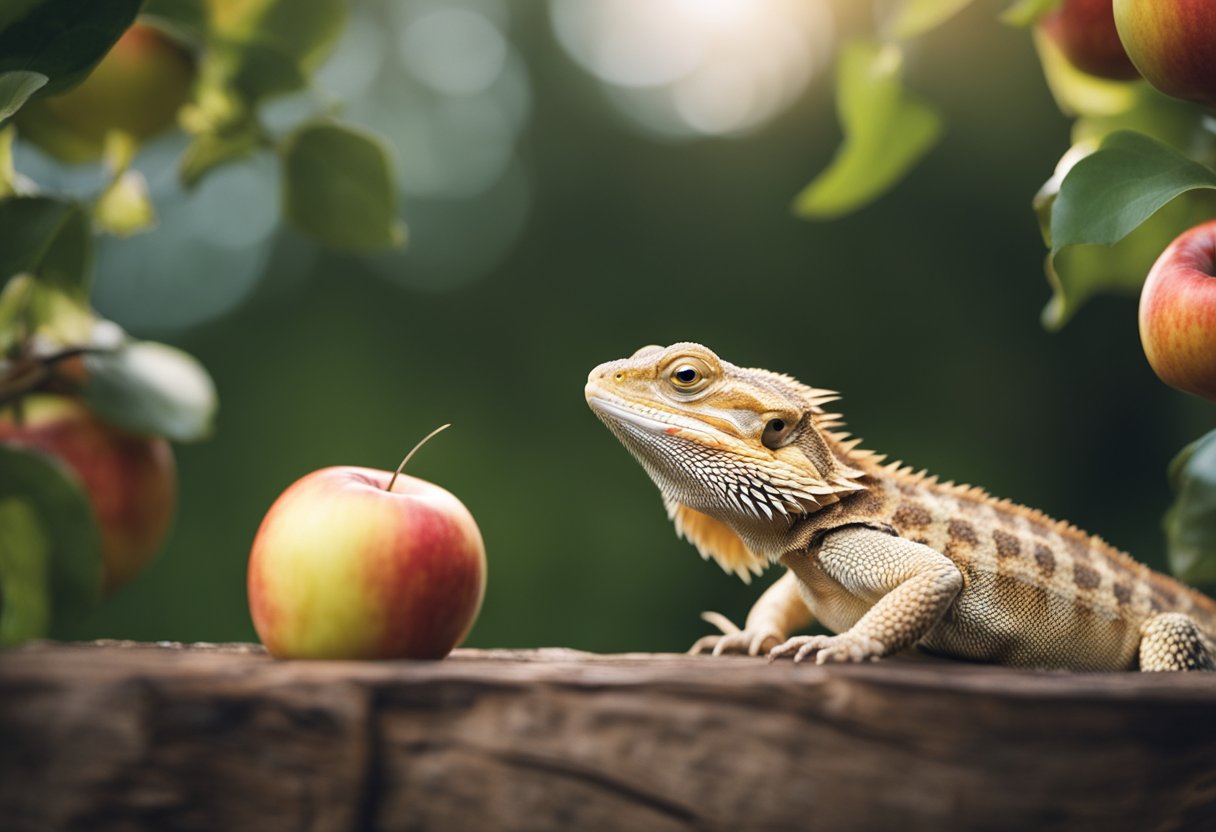 A bearded dragon surrounded by apples, with a question mark above its head
