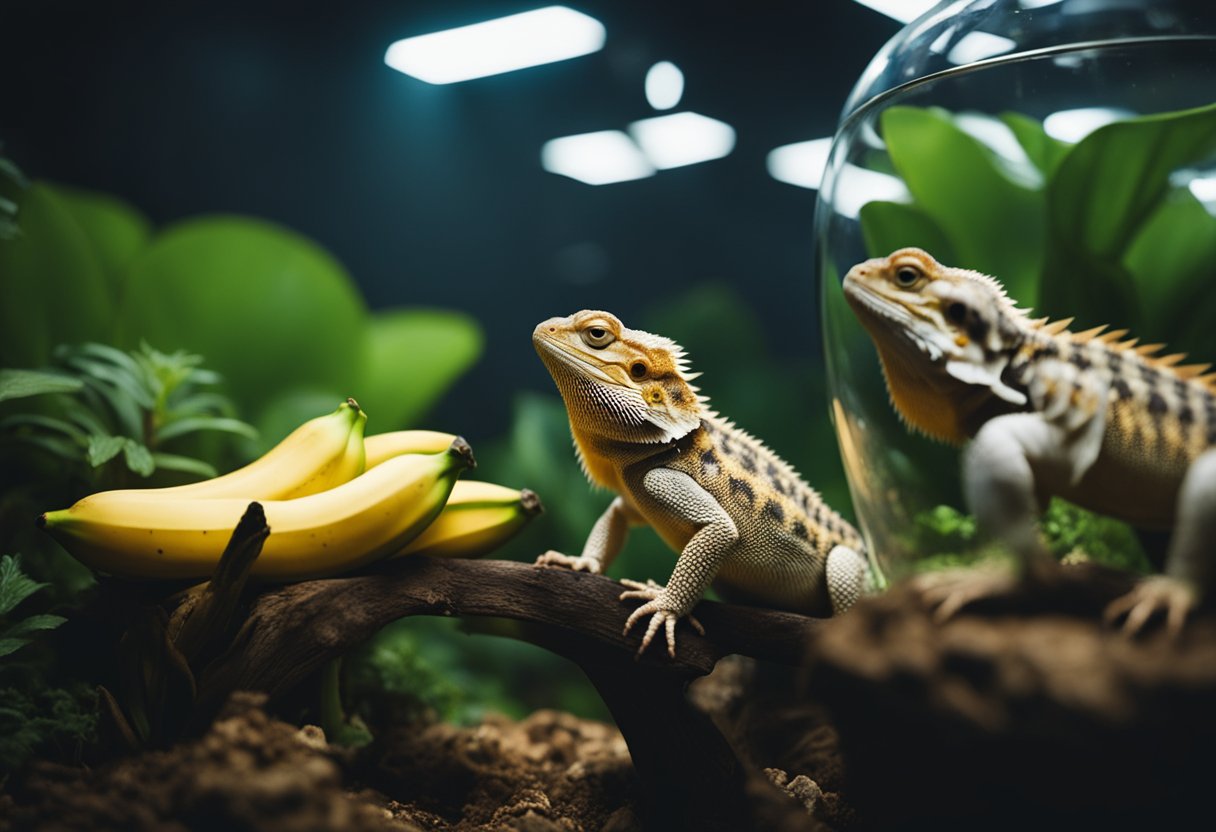 Bearded dragons eating bananas, sitting in a terrarium