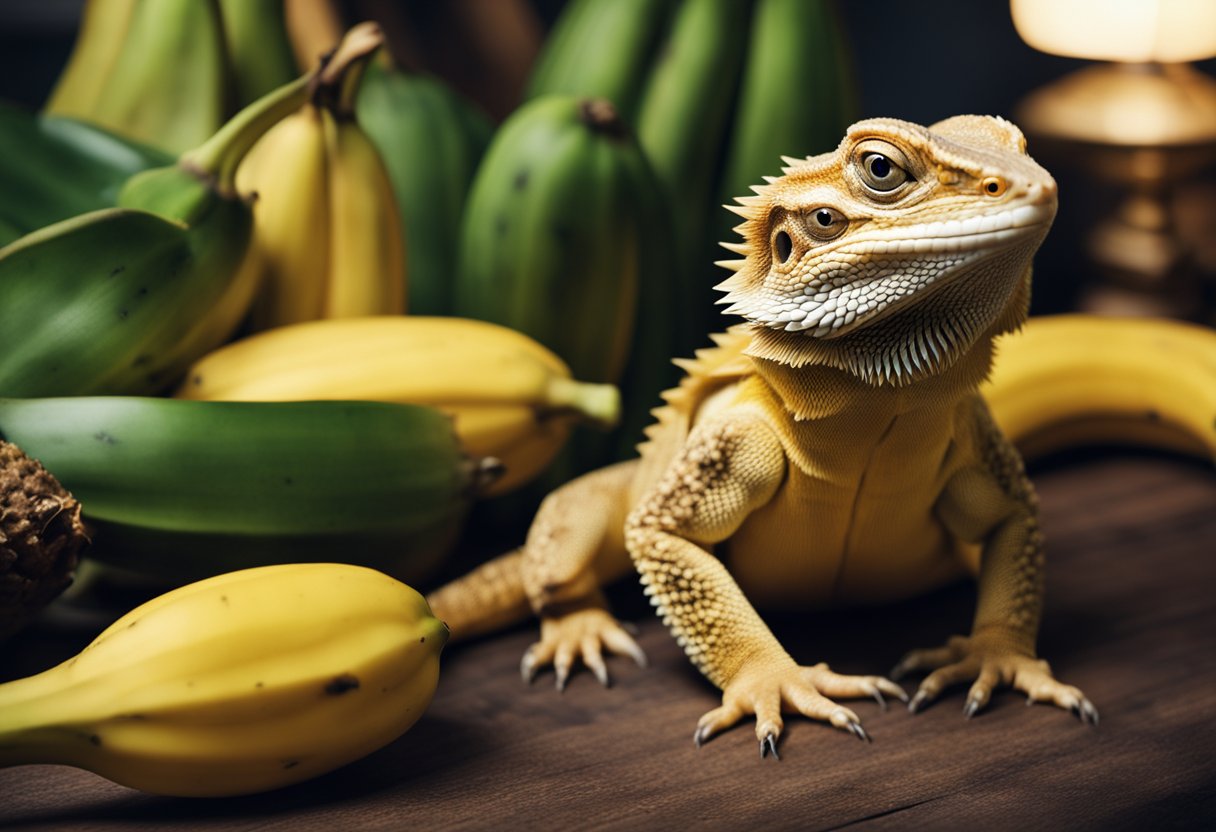 A bearded dragon surrounded by bananas, with caution signs and a worried expression