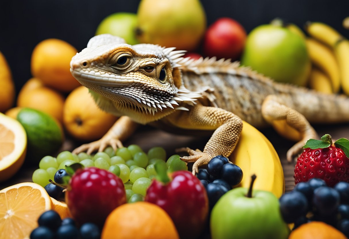 A bearded dragon surrounded by various fruits, with a banana in its mouth