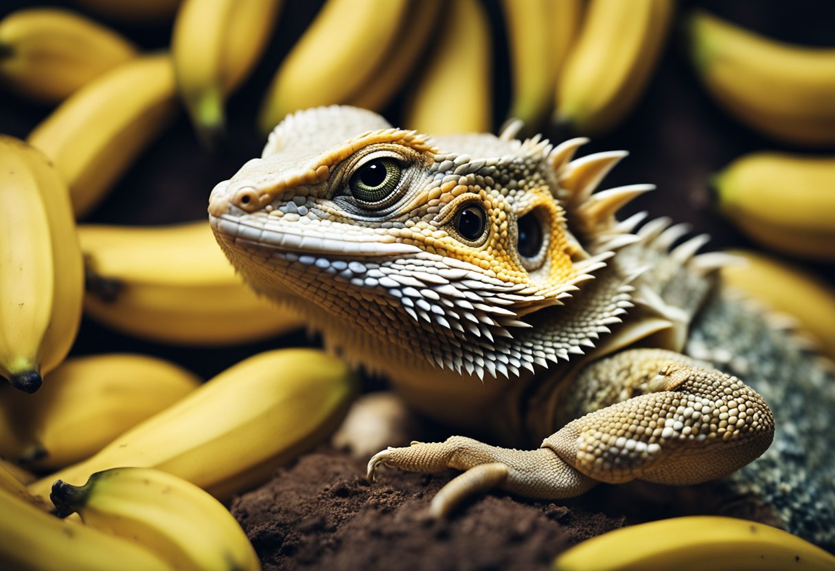 A bearded dragon surrounded by bananas, with a question mark above its head