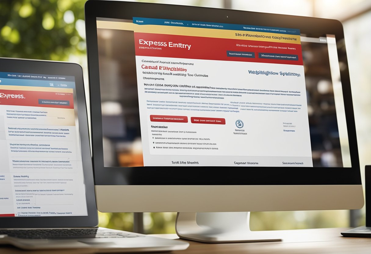 A computer screen displaying the Express Entry website with eligibility criteria and migration steps to Canada