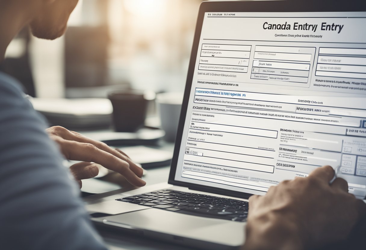 A person sitting at a computer, filling out an online form for Express Entry to Canada. The screen displays the profile creation process with various fields to input personal information