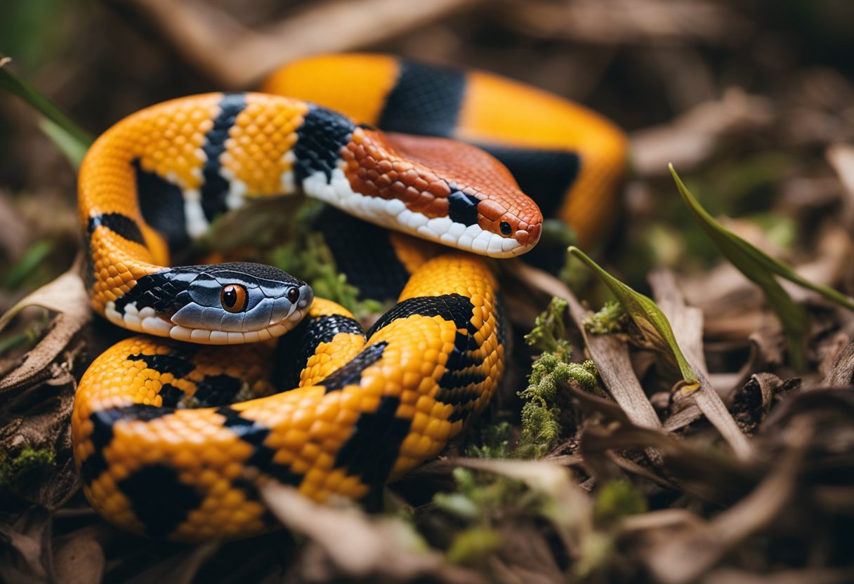 A coral snake and a corn snake face off in a tangled embrace, their vibrant patterns contrasting against the forest floor