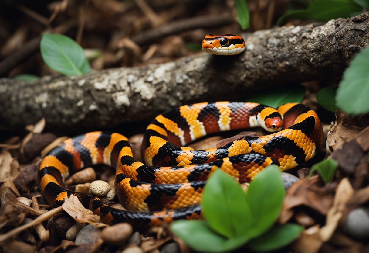 Coral snake and corn snake coiled in natural habitat, surrounded by leaf litter and small rocks