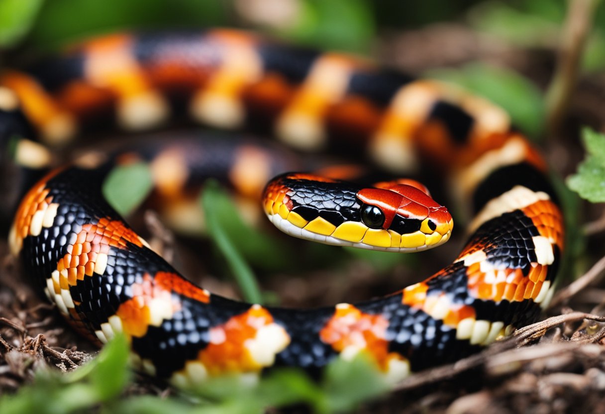 Coral snake hunting, eating small reptiles. Corn snake coiling around prey, swallowing whole