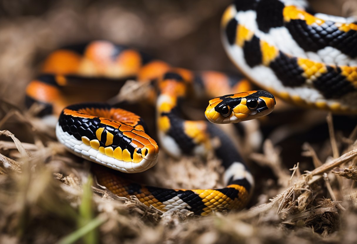 A coral snake and a corn snake face off in a natural habitat, showcasing their distinct color patterns and body shapes