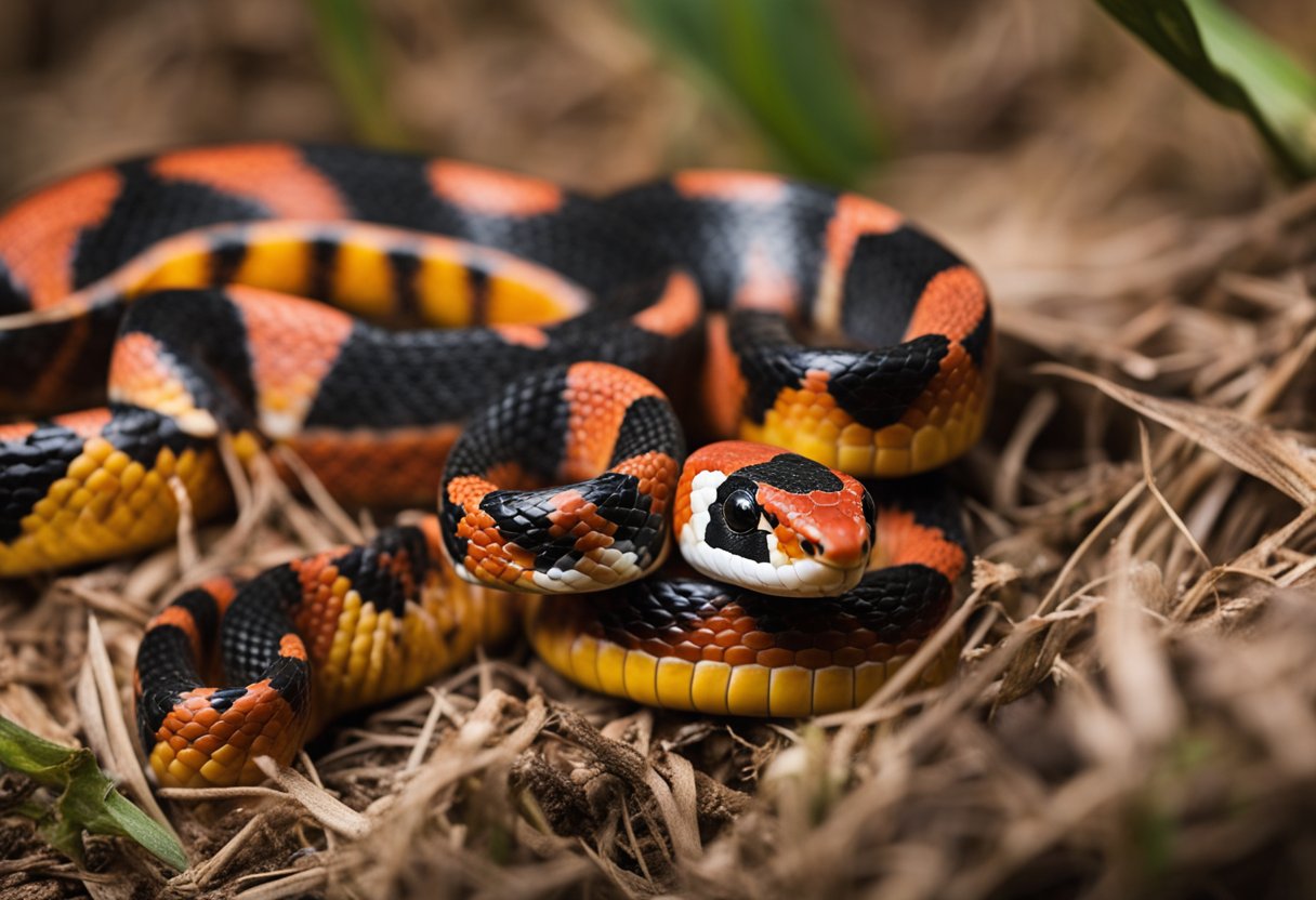 The coral snake and corn snake interact, their bodies entwined in a delicate dance. The coral snake's vibrant red, yellow, and black bands contrast with the corn snake's orange and brown scales