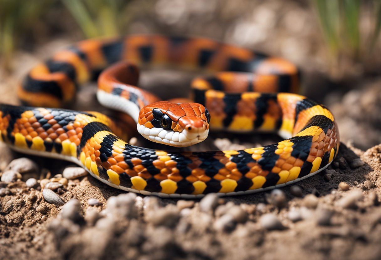 A corn snake and a coral snake face off in a desert clearing. The corn snake is coiled and ready to strike, while the coral snake slithers with its vibrant red, black, and yellow bands