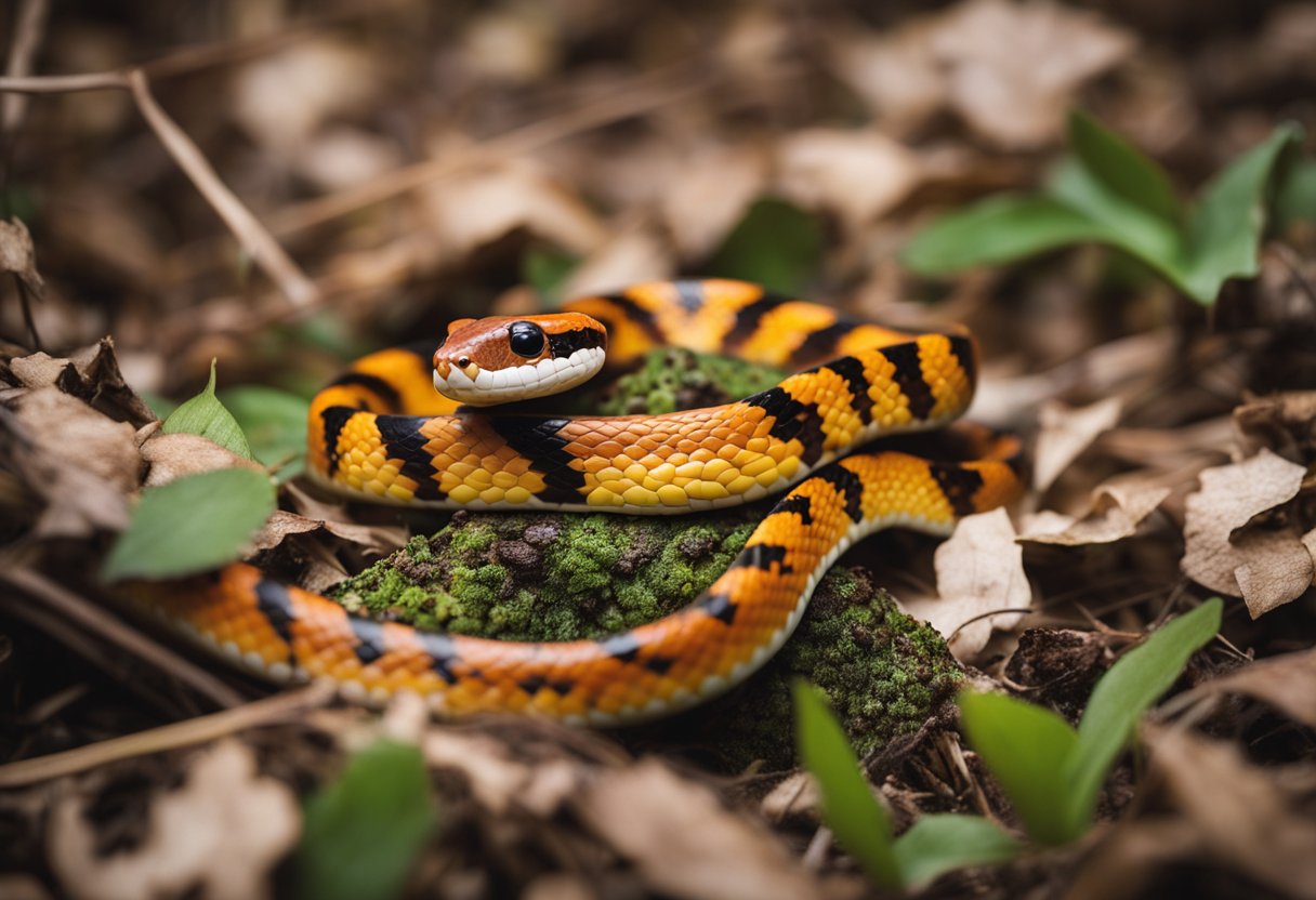 Corn snake slithers through grassy terrain, while coral snake hides in leaf litter. Both snakes are in their natural habitats, with the corn snake found in North America and the coral snake in the southern United States and Mexico