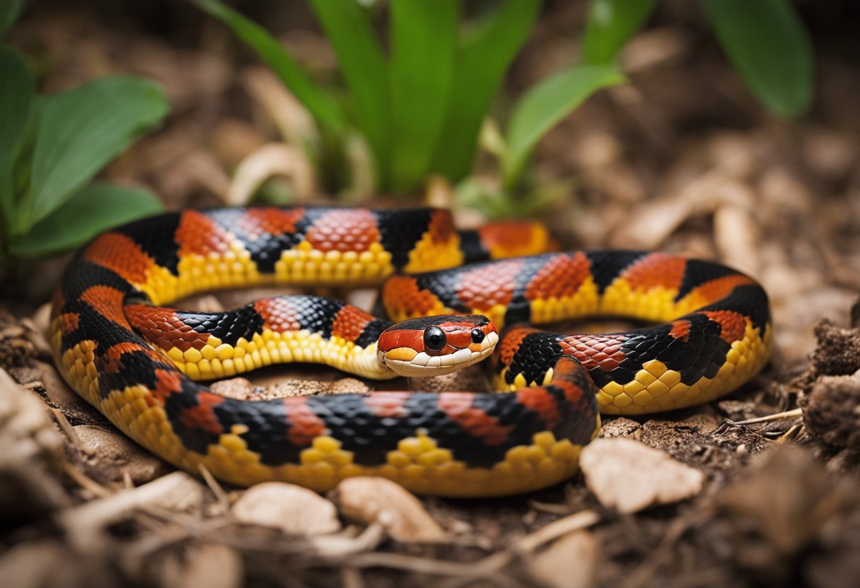 A corn snake slithers away from a coral snake, displaying its distinct red, yellow, and black bands. A first aid kit is nearby