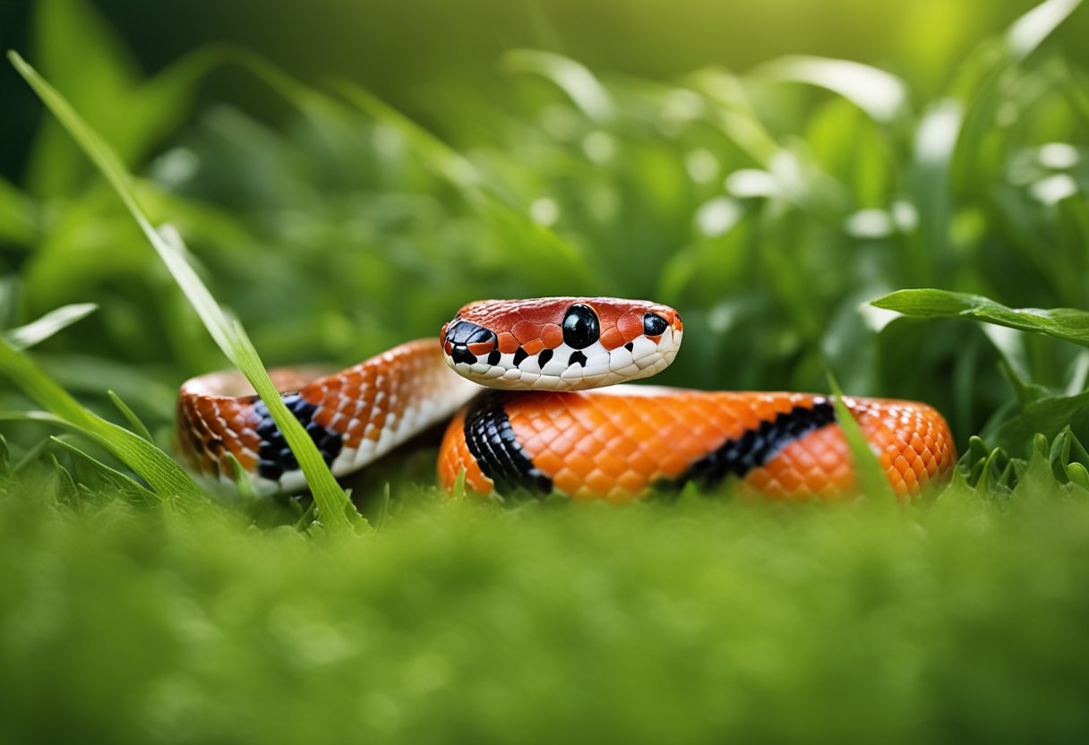 A corn snake and a coral snake face off in a grassy clearing, their vibrant colors contrasting against the green backdrop. The corn snake coils defensively while the coral snake raises its head, ready to strike