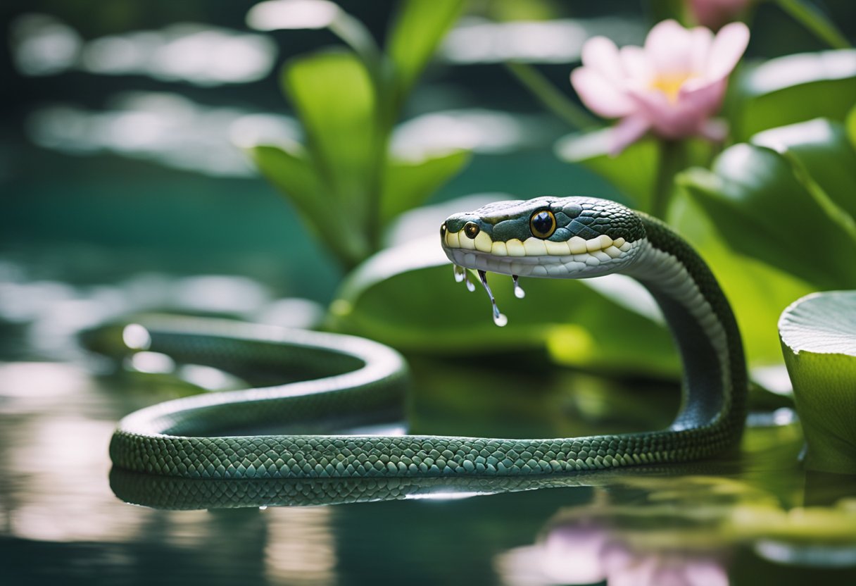 A snake curls around a shimmering pool, flicking its tongue to taste the water