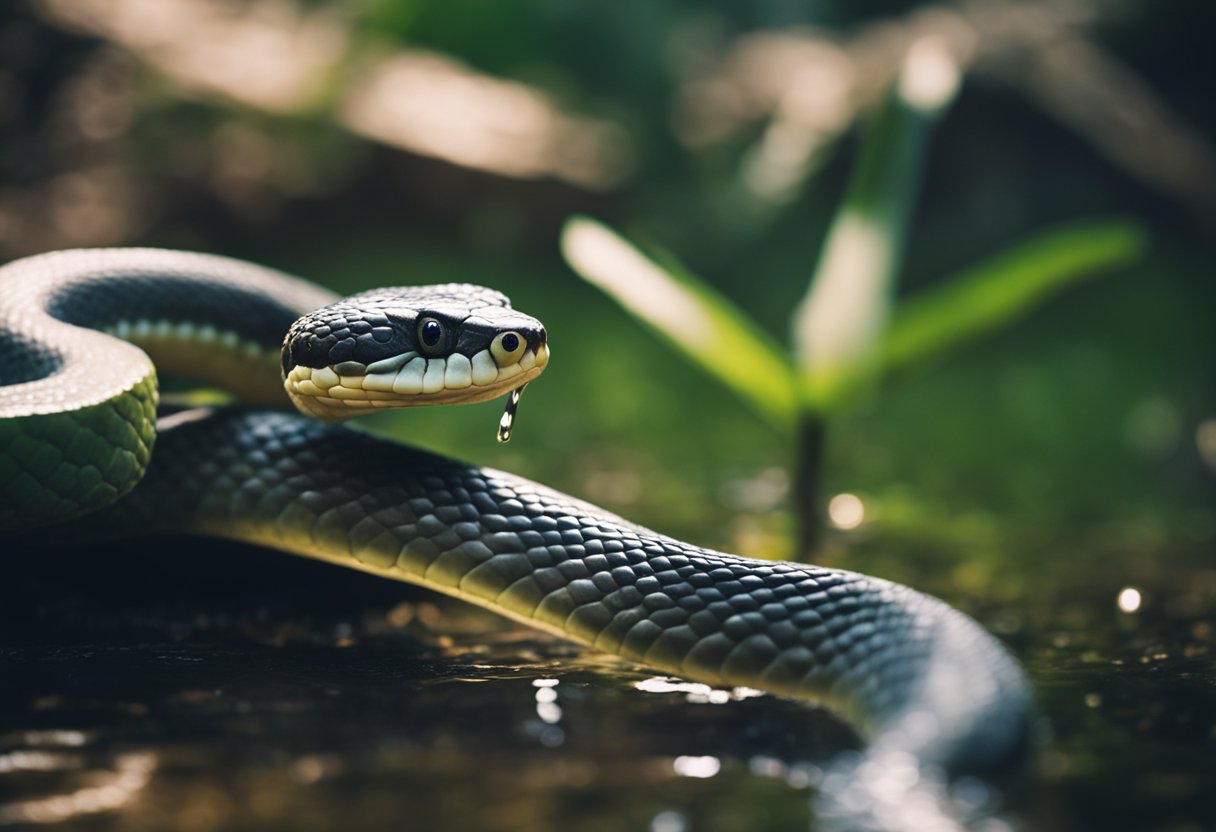 A snake slithers towards a small pool of water, its tongue flicking out to taste the air before it lowers its head to drink