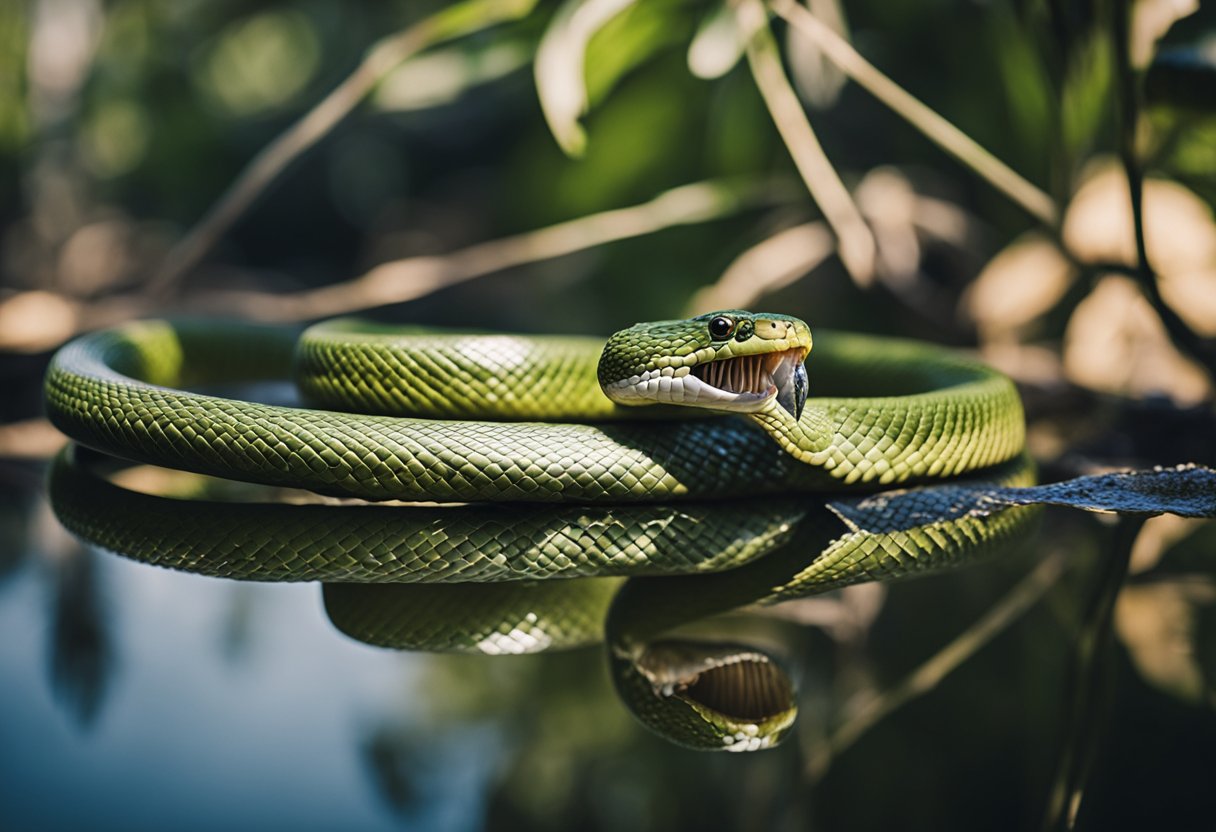 A snake coils near a water source, its tongue flicking out to drink