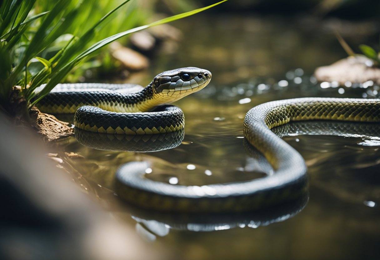 A snake slithers towards a water source, its tongue flicking out to taste the air