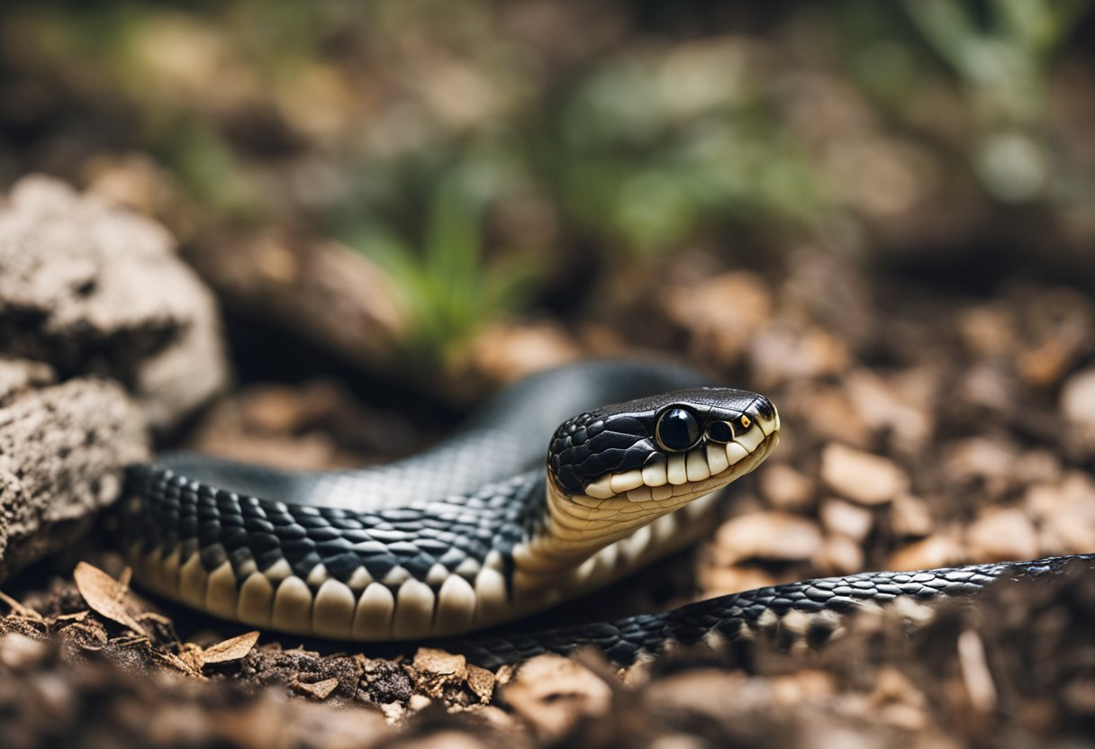 A snake bares its fangs while hissing, revealing sharp, curved teeth