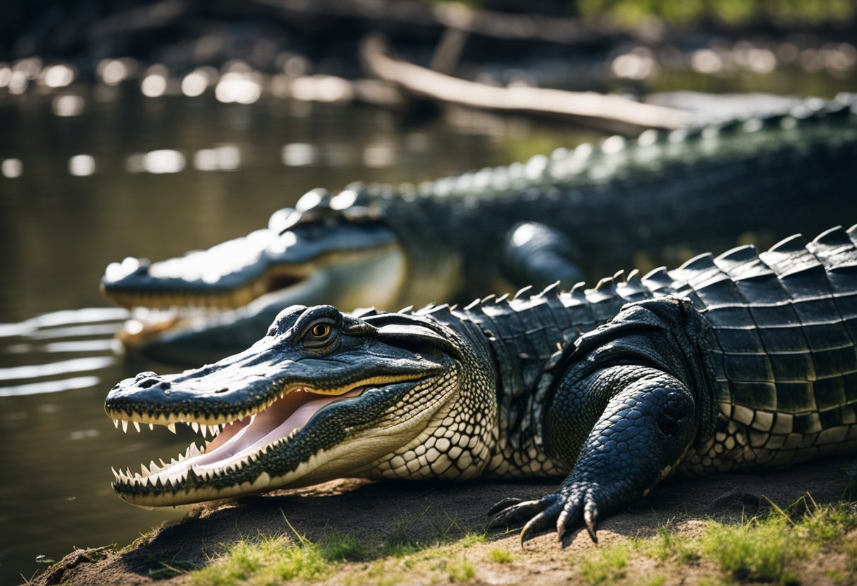 Alligators bask in the sun near a northern river, their bodies adapted to withstand colder temperatures