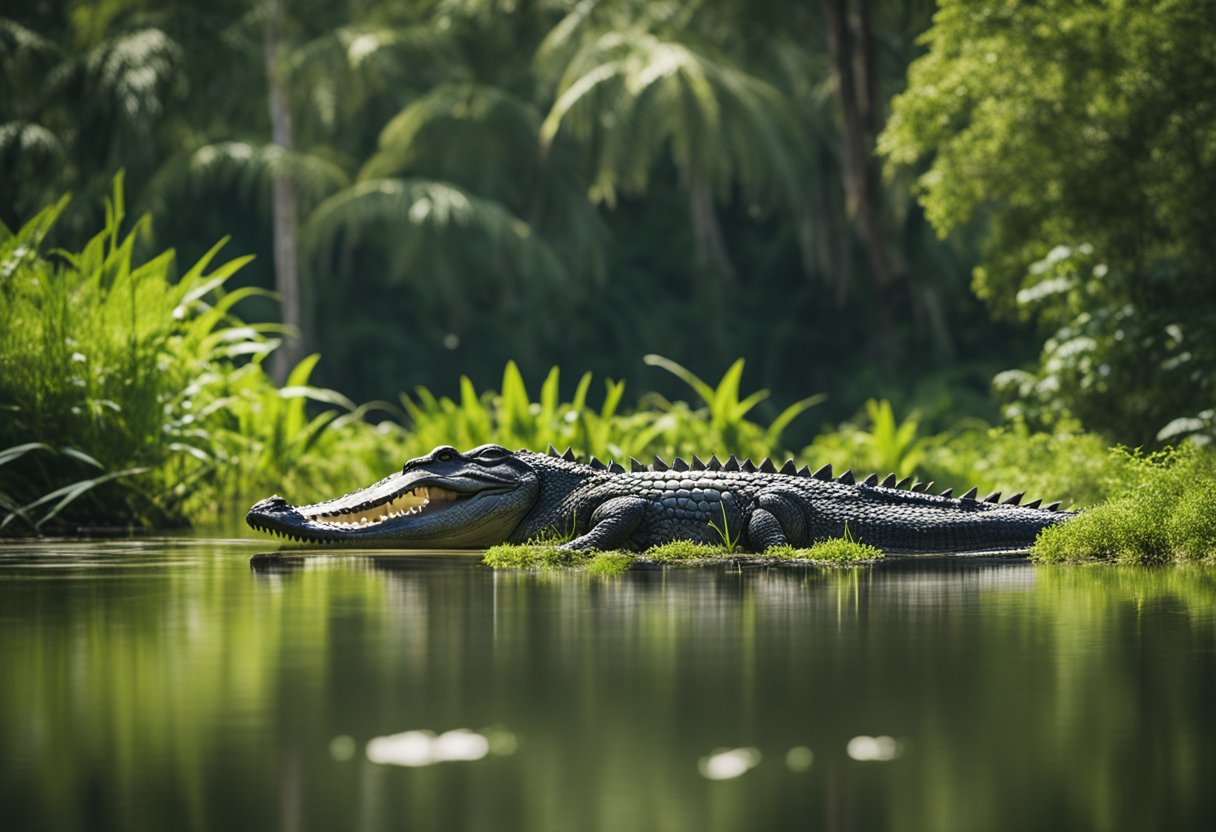 Alligators basking in the sun along a riverbank, surrounded by lush green vegetation and tall trees, with a warm and humid climate