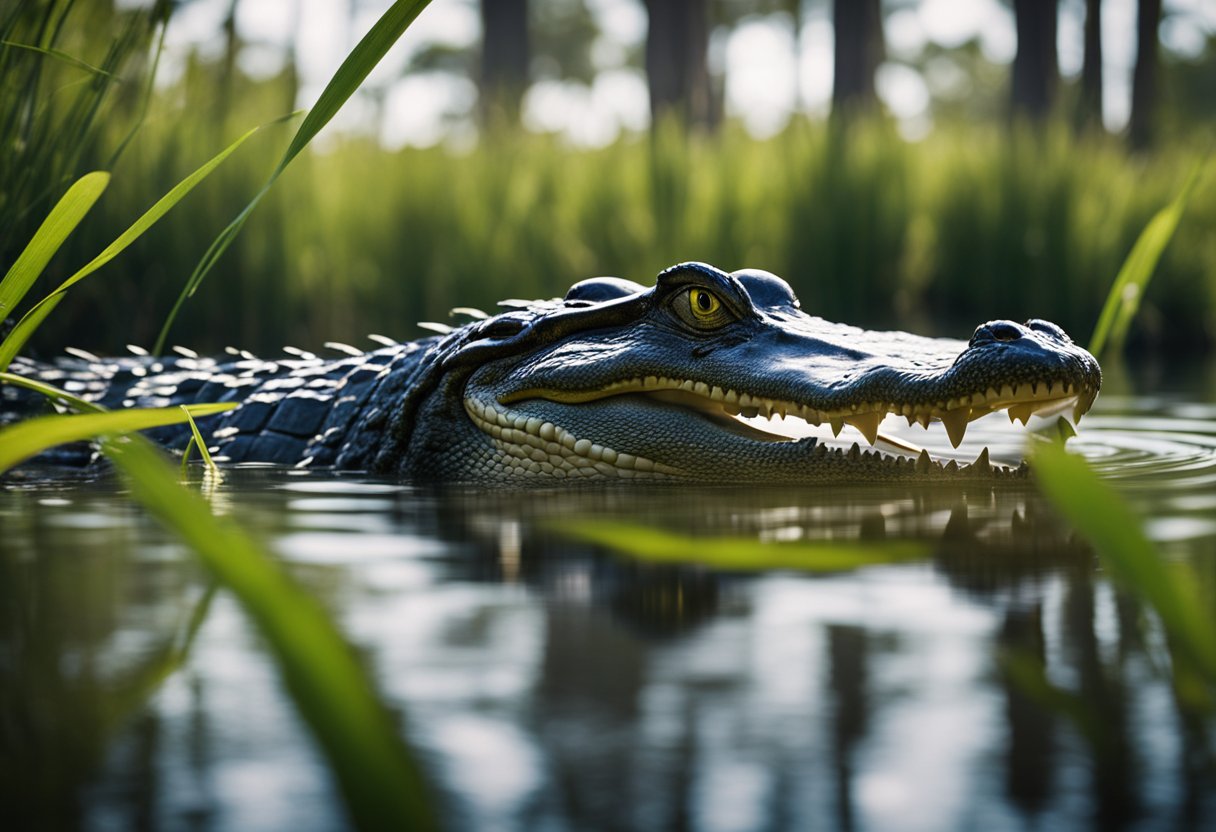 An alligator swims in a murky, shallow river in a southern wetland, surrounded by tall grasses and cypress trees