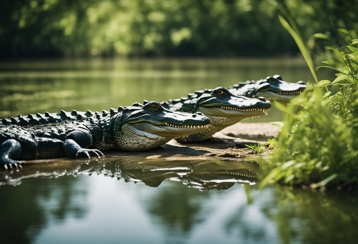 Alligators bask along a northern riverbank, surrounded by lush greenery and calm waters, as they interact with each other in their natural habitat