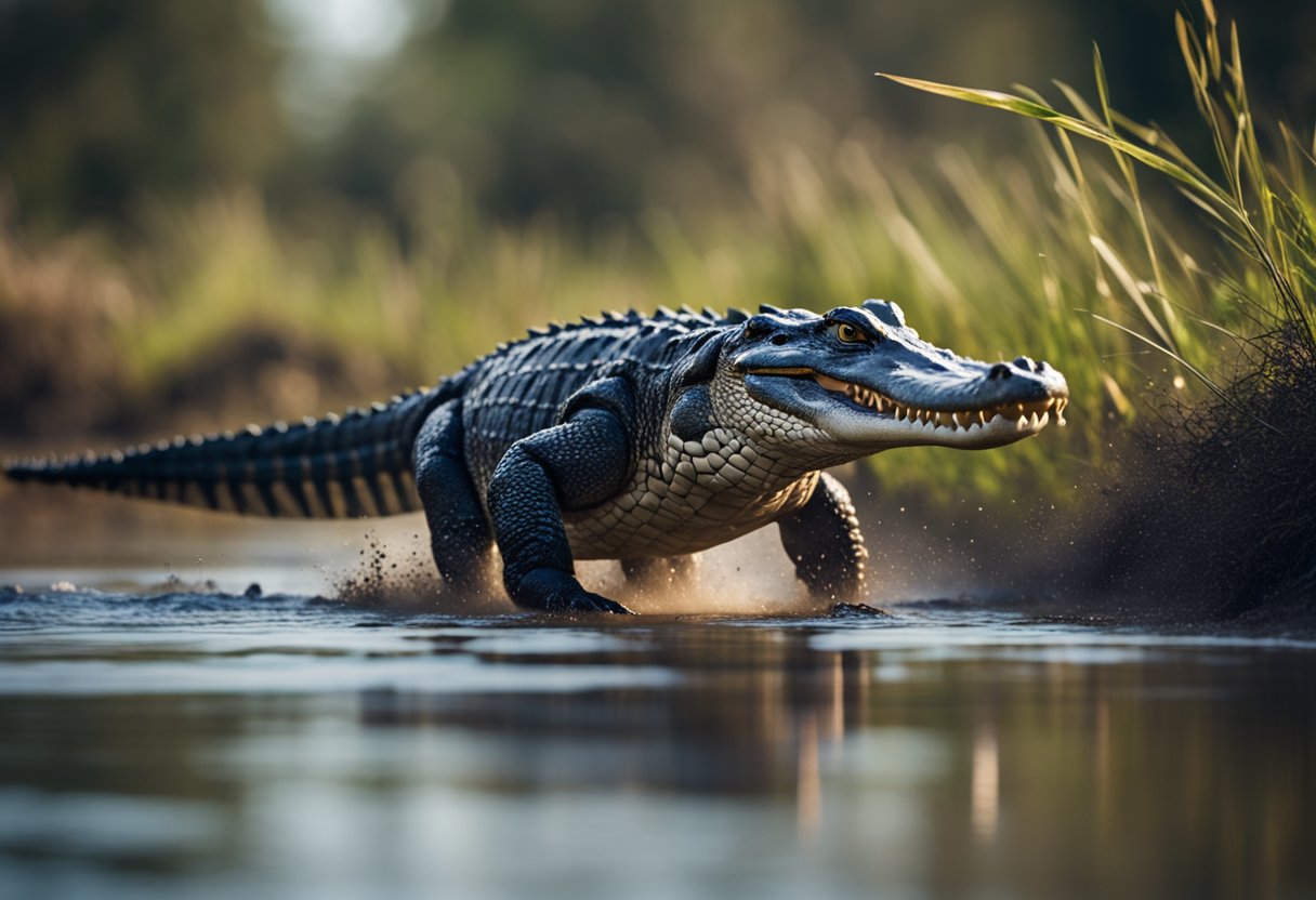 An alligator sprints across the muddy riverbank, its muscular body propelling it forward with powerful strides