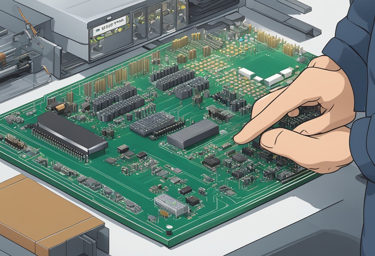 A technician carefully places electronic components onto a printed circuit board in a clean, well-lit assembly area