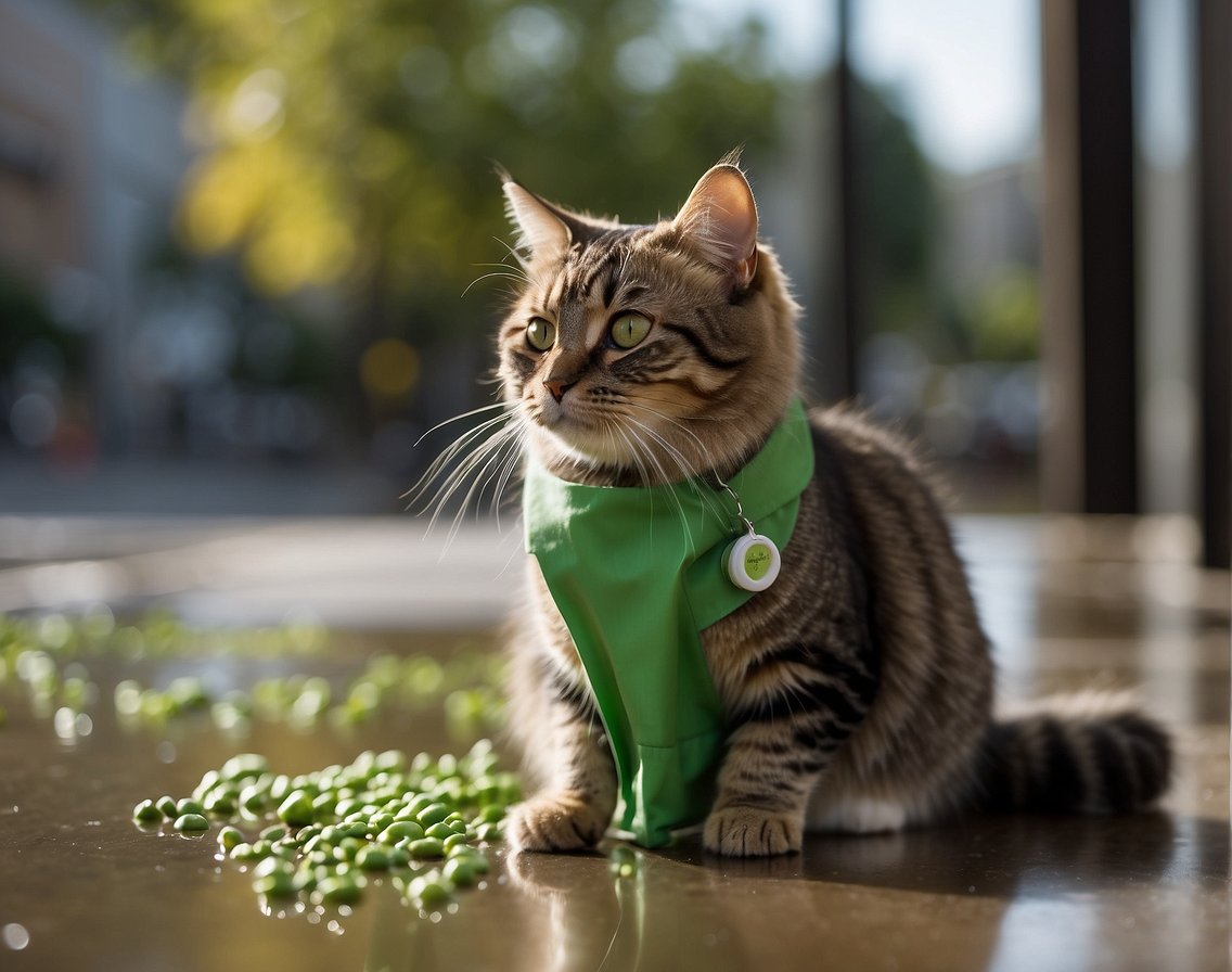 A cat with green poop surrounded by various potential causes such as dietary changes, infections, or parasites. A concerned owner seeks advice from a veterinarian