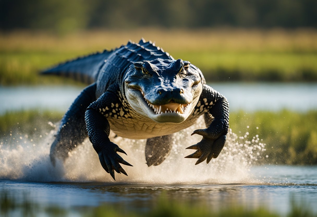 A gator sprints across the marsh, its powerful legs propelling it forward with incredible speed. Its tail sways back and forth, helping to steer as it moves with impressive agility