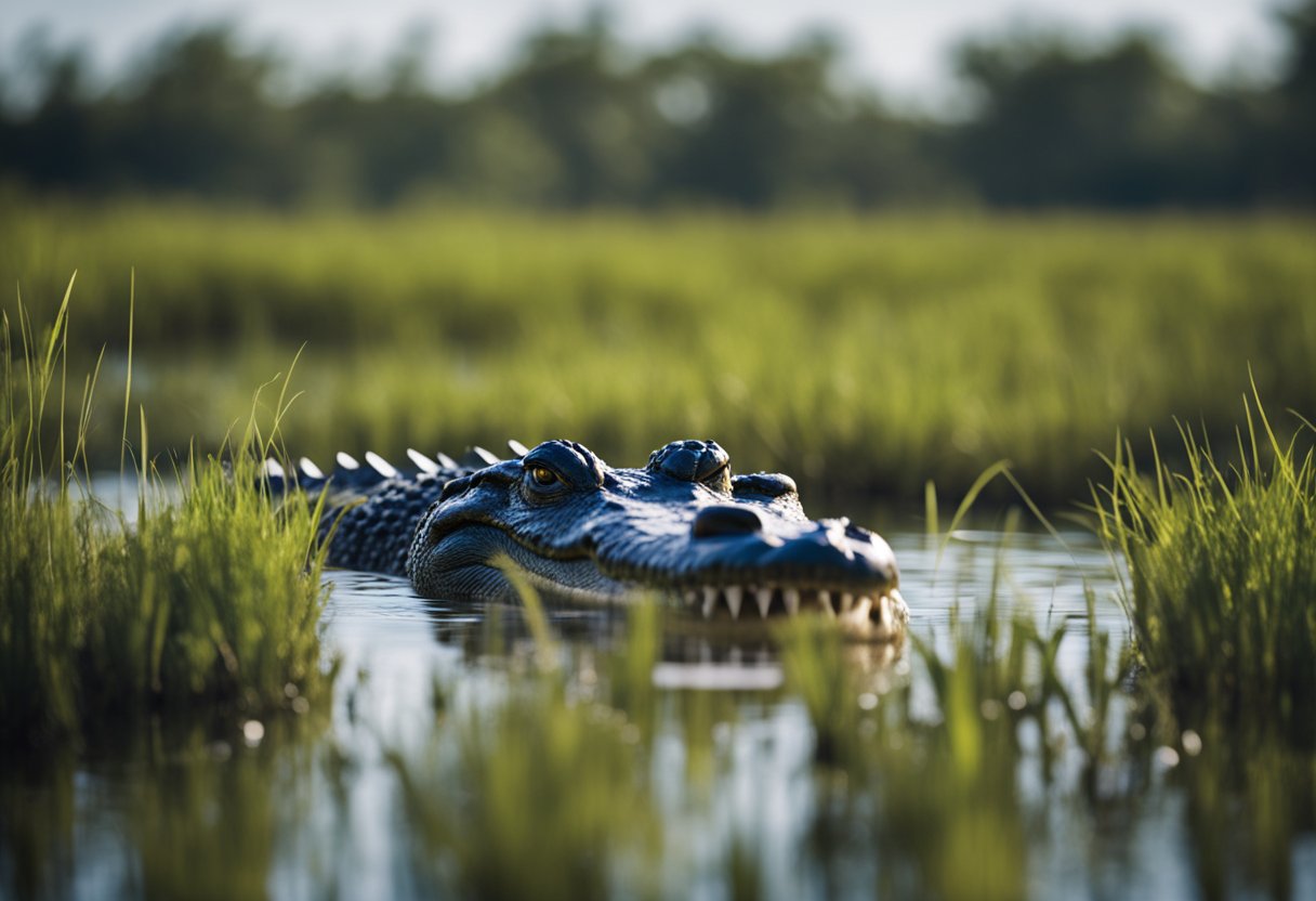 A large alligator swiftly moves through a marshy wetland, demonstrating its impressive speed