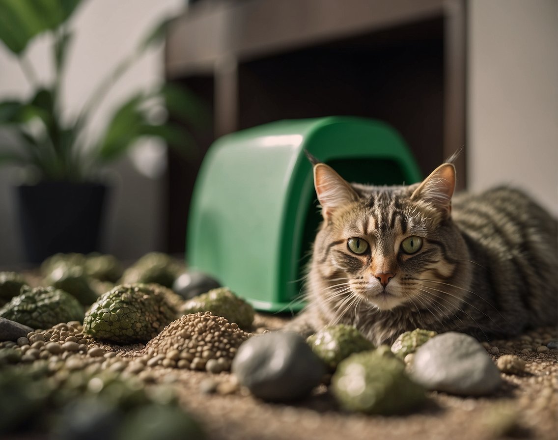 A green cat poop lies next to a litter box. Surrounding the area are various potential causes such as diet, parasites, or underlying health issues