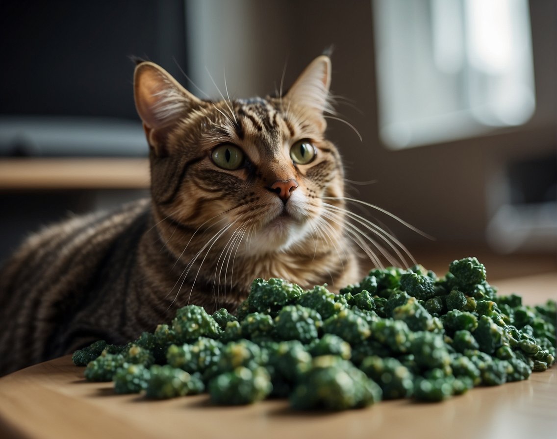 A cat with green poop, showing discomfort. Owner researching remedies. Vet contact info nearby