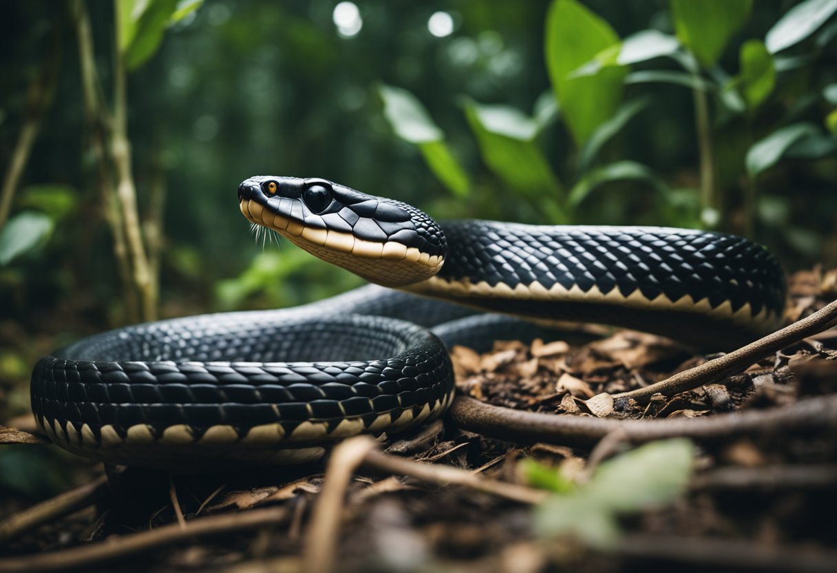 A king cobra, measuring around 12-18 feet in length, slithers through thick jungle underbrush, its impressive size and sleek, scaled body commanding attention