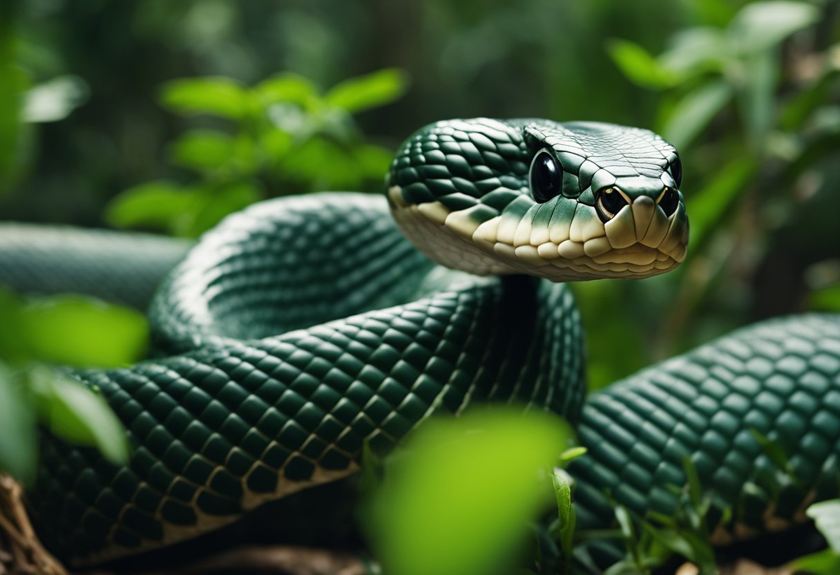 A king cobra slithers through the dense jungle, its sleek body stretching over 18 feet in length