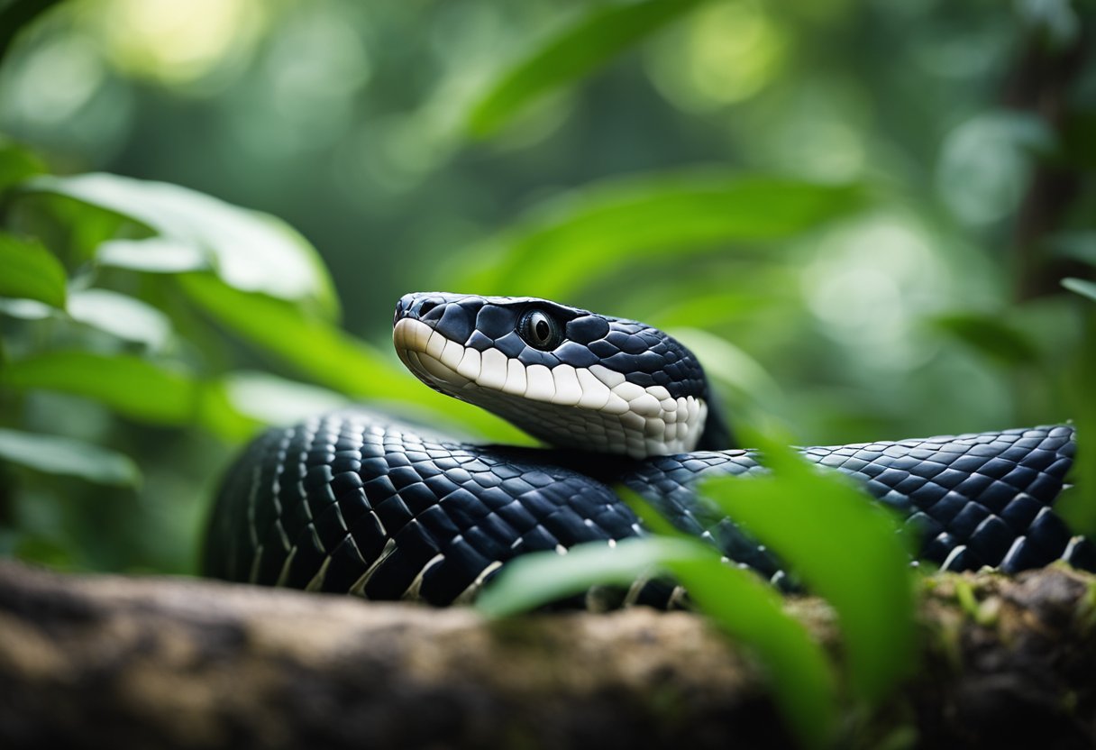 A king cobra, measuring over 18 feet long, slithers through dense jungle foliage