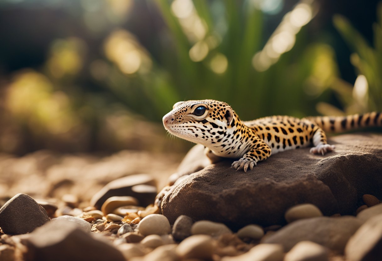 A leopard gecko sits on a warm, sandy surface under a heat lamp, surrounded by branches and rocks in its habitat