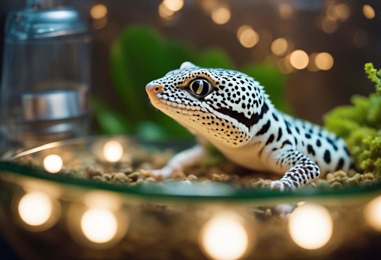 A leopard gecko sits in a terrarium with a heat lamp and food dish nearby, representing recurring expenses for its care