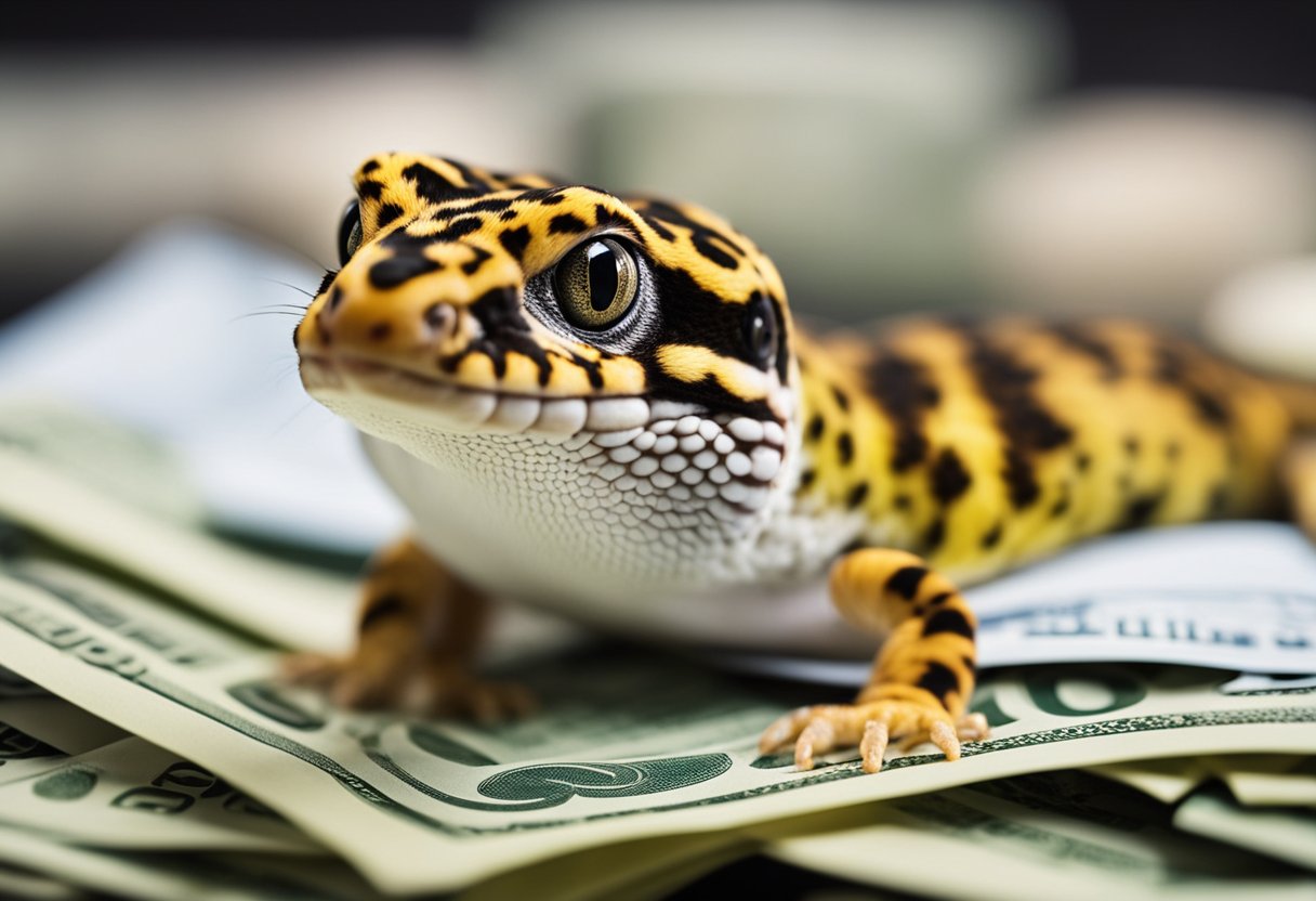 A leopard gecko sits on a pile of medical bills, looking distressed. The bills are scattered around, showing the high cost of healthcare for the gecko