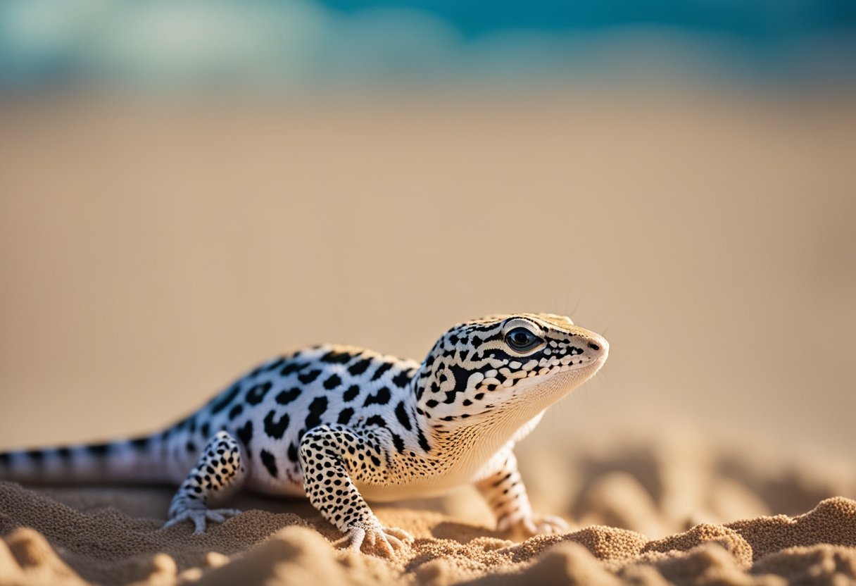 A leopard gecko sits on a bed of sand, surrounded by a heat lamp, water dish, and hiding spot. A price tag shows the additional costs of owning the gecko
