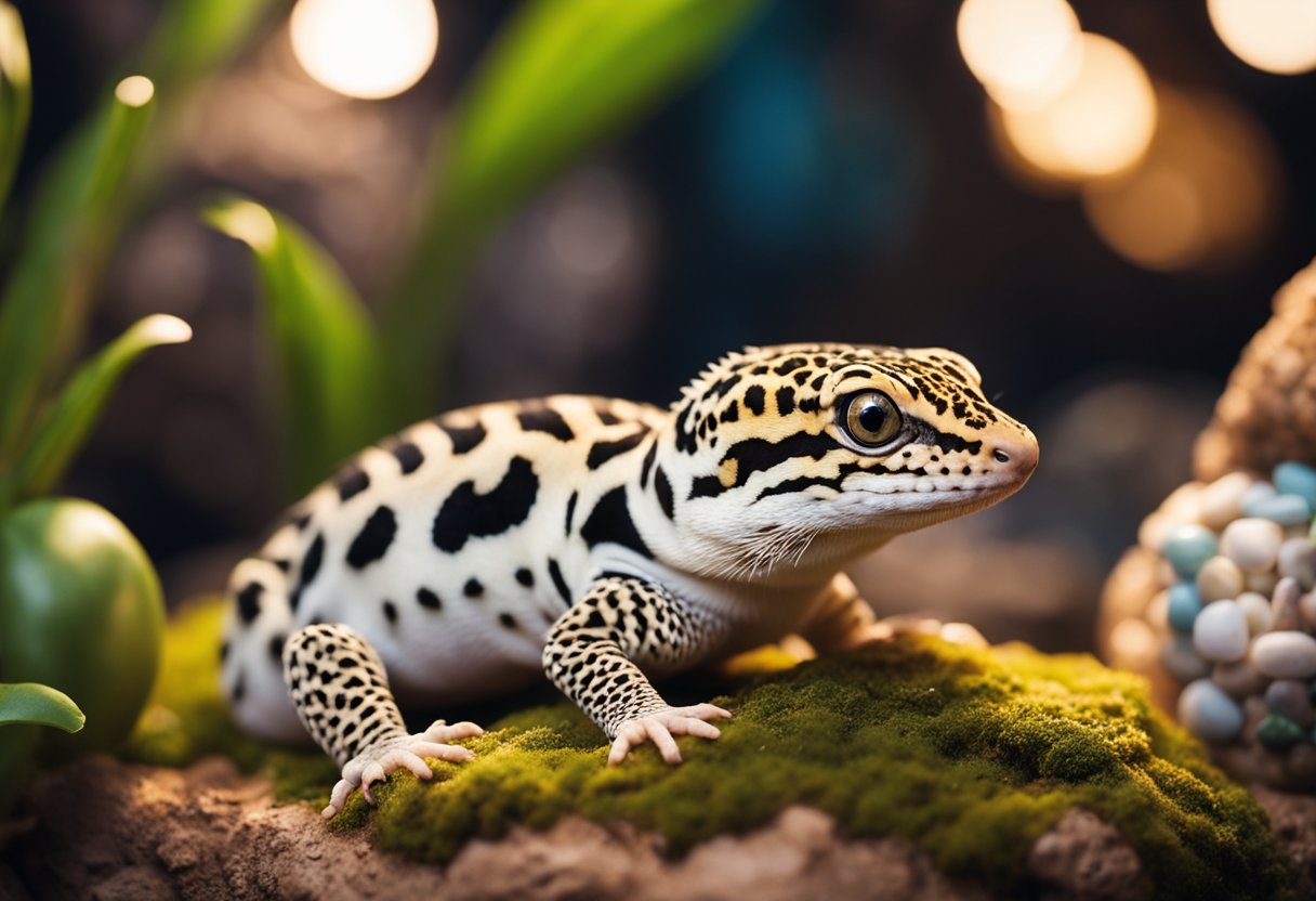 A leopard gecko sits on a rock, surrounded by various items such as a heat lamp, terrarium, and food dish. A price tag or dollar sign could be included to represent the cost