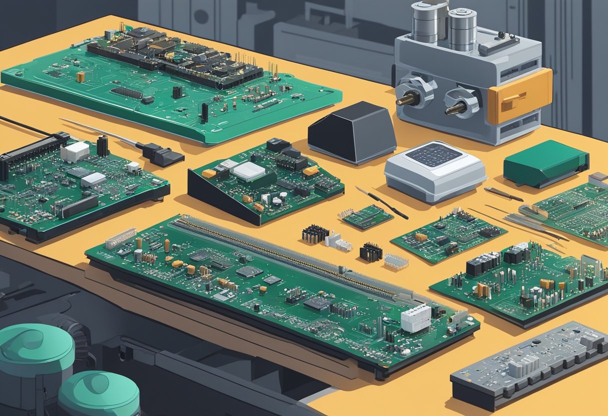 PCB components arranged on a workbench, soldering iron and equipment ready for assembly in a well-lit Ottawa workshop