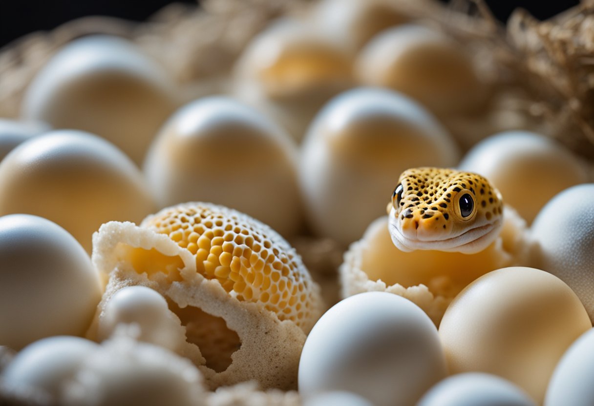 Leopard gecko eggs incubating in a warm, sandy nest under a heat lamp