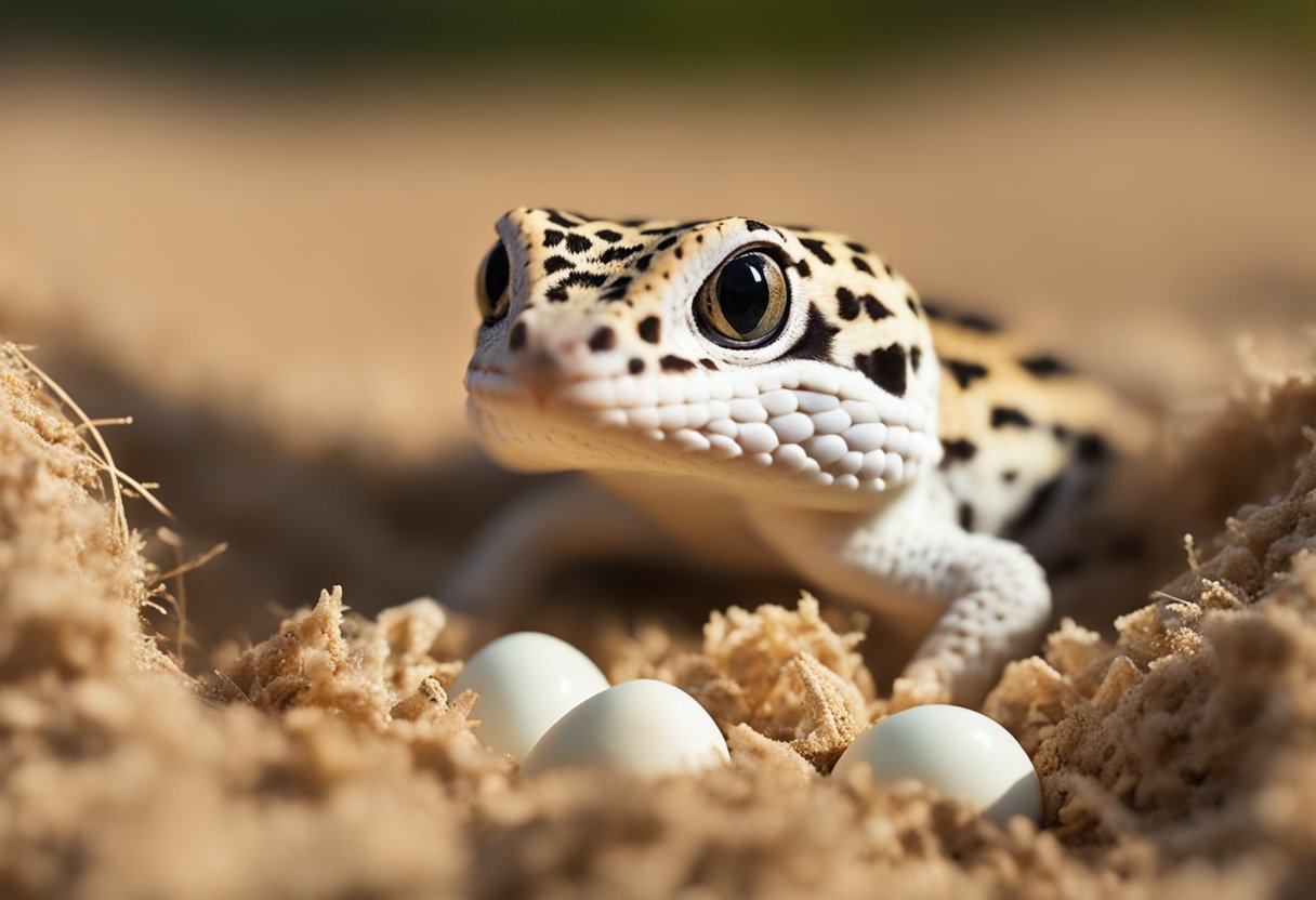 Leopard gecko carefully tending to their eggs in a warm, sandy nest, using their tongue to gently turn and protect the delicate shells
