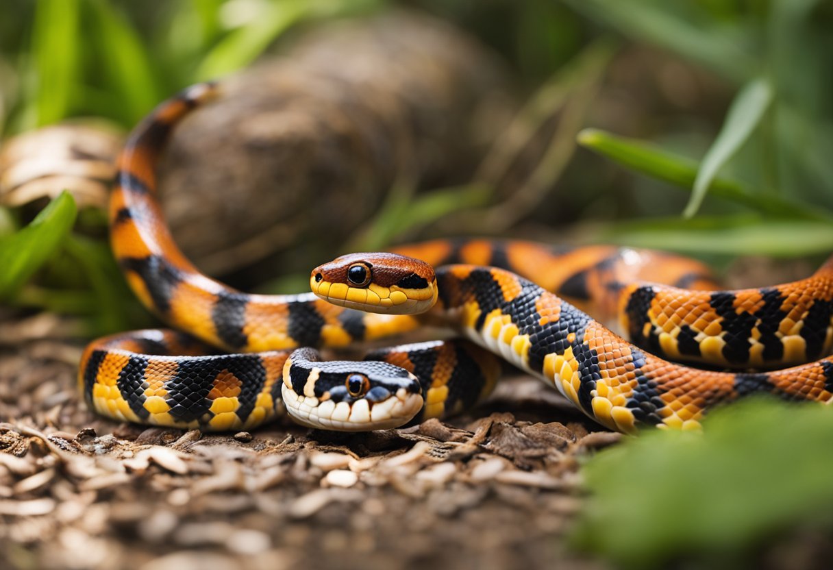 A milk snake and a corn snake slither towards each other, their vibrant scales glistening in the sunlight. The two serpents face off, their tongues flicking out as they prepare to engage in a territorial dispute