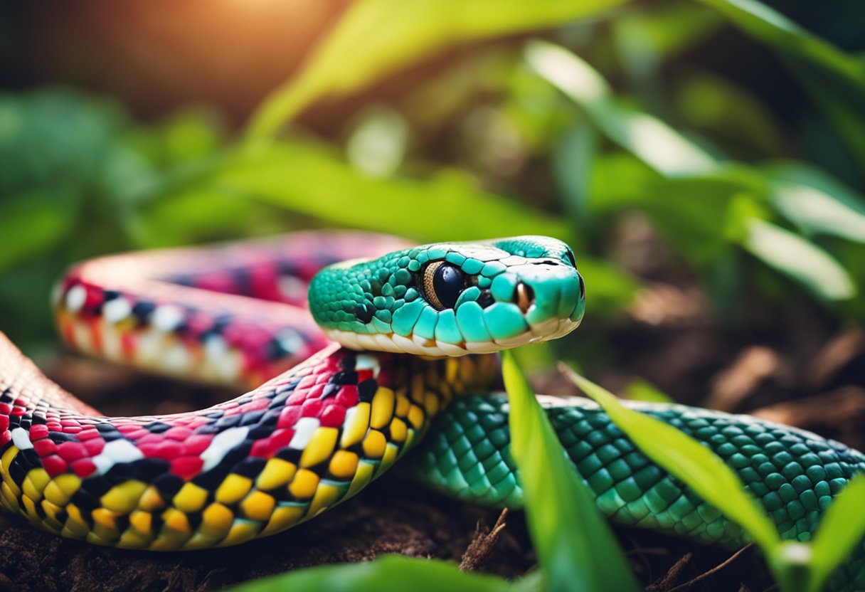 Two snakes, one with milk, the other with corn, face off in a colorful, vibrant setting