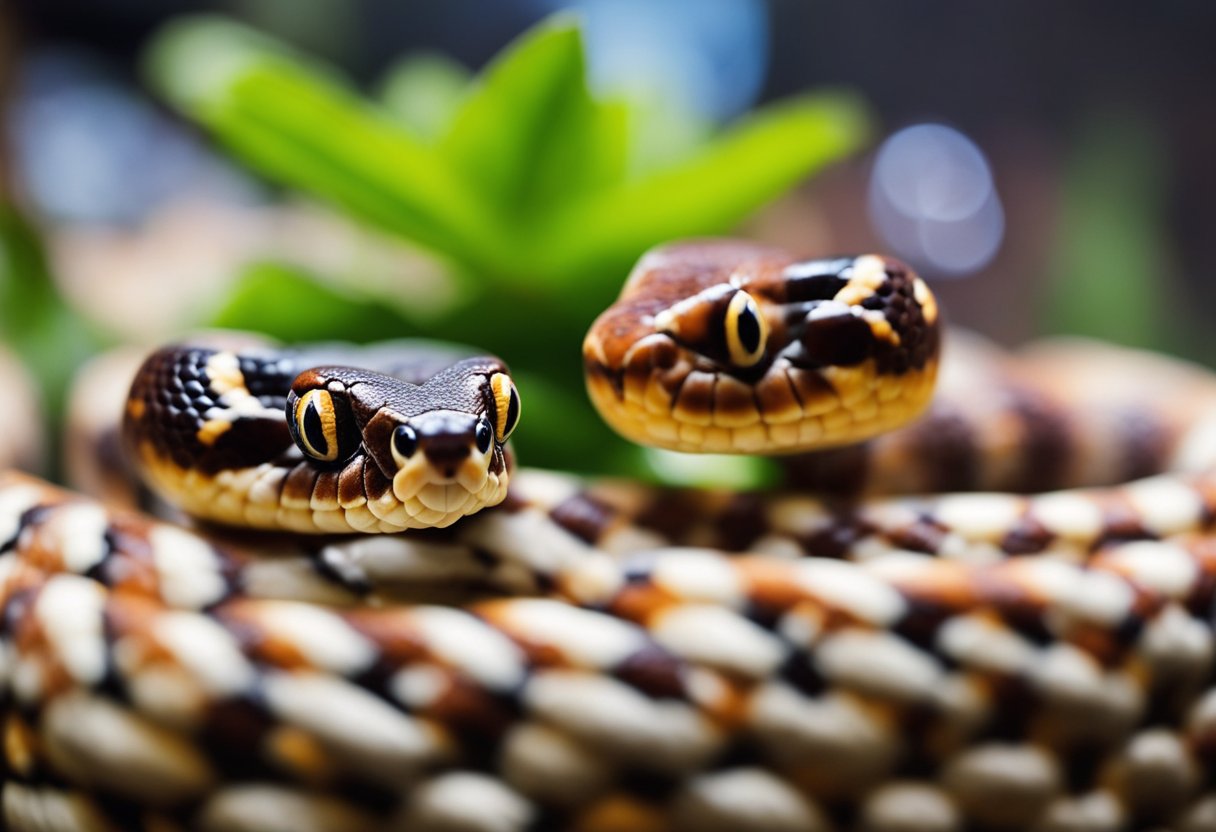A milk snake and a corn snake coiled in separate terrariums, each with a heat lamp and hiding spot