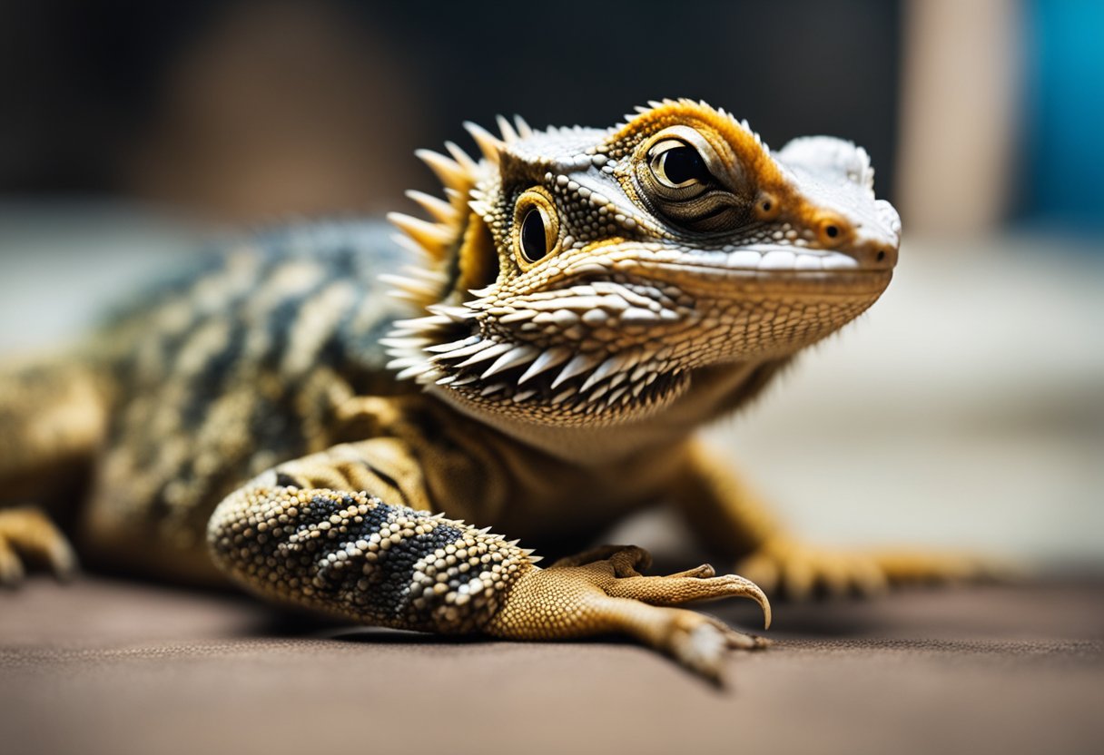 A bearded dragon with stress marks, huddled in a corner, with a tense expression and raised spines on its back