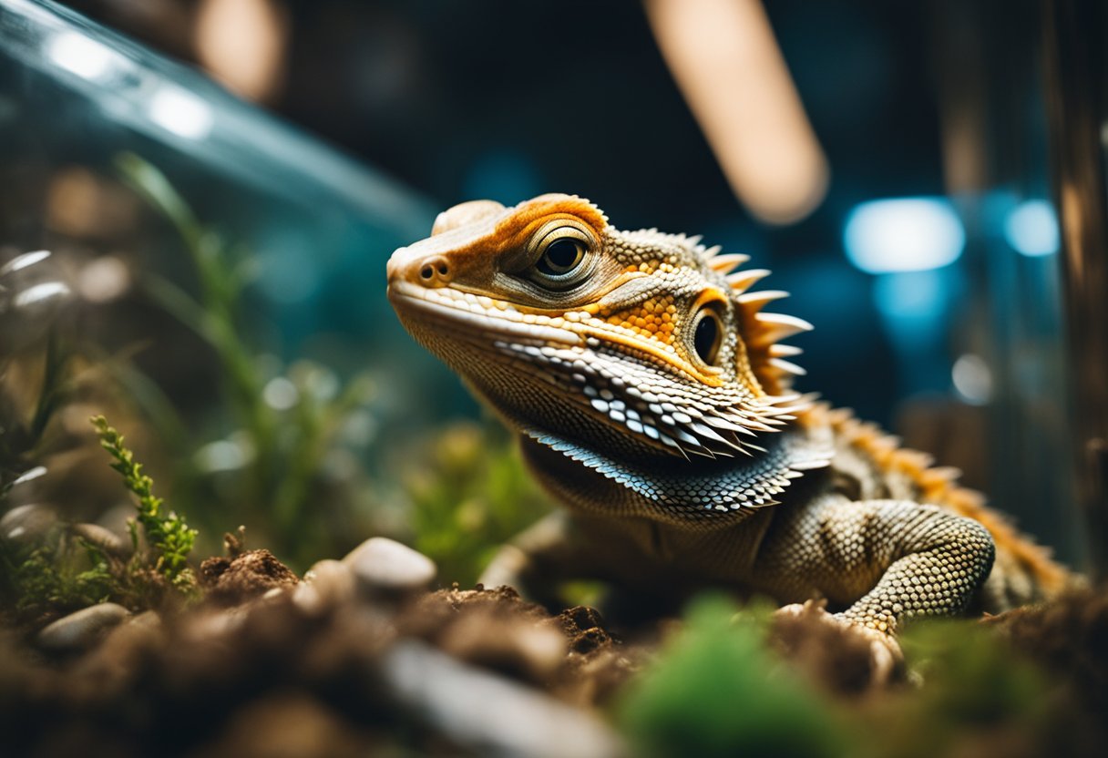 A bearded dragon sits in a terrarium, surrounded by clutter and chaos. Signs of stress are evident, such as pacing and erratic behavior