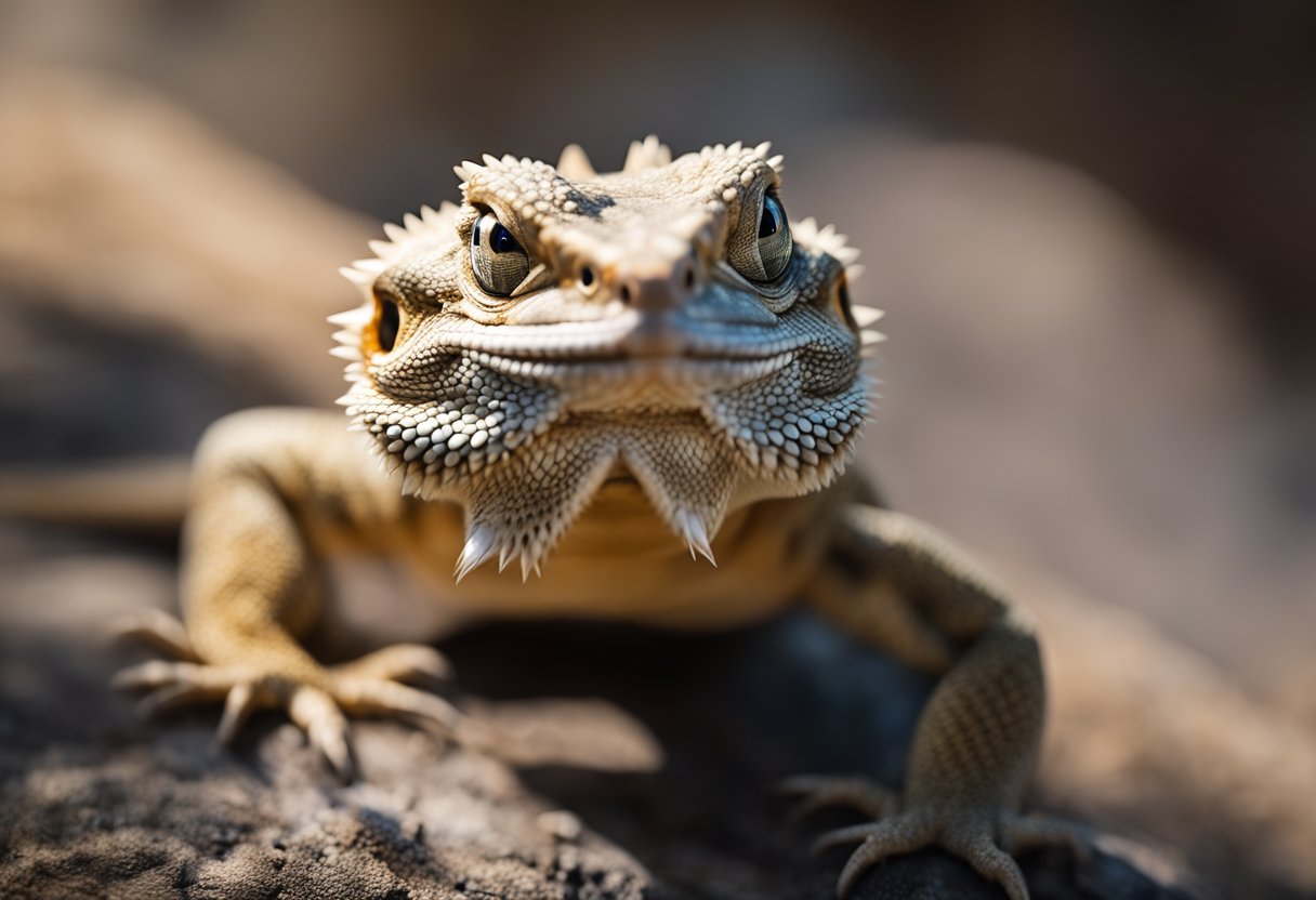 A bearded dragon with dark stress marks, lethargic posture, and sunken eyes